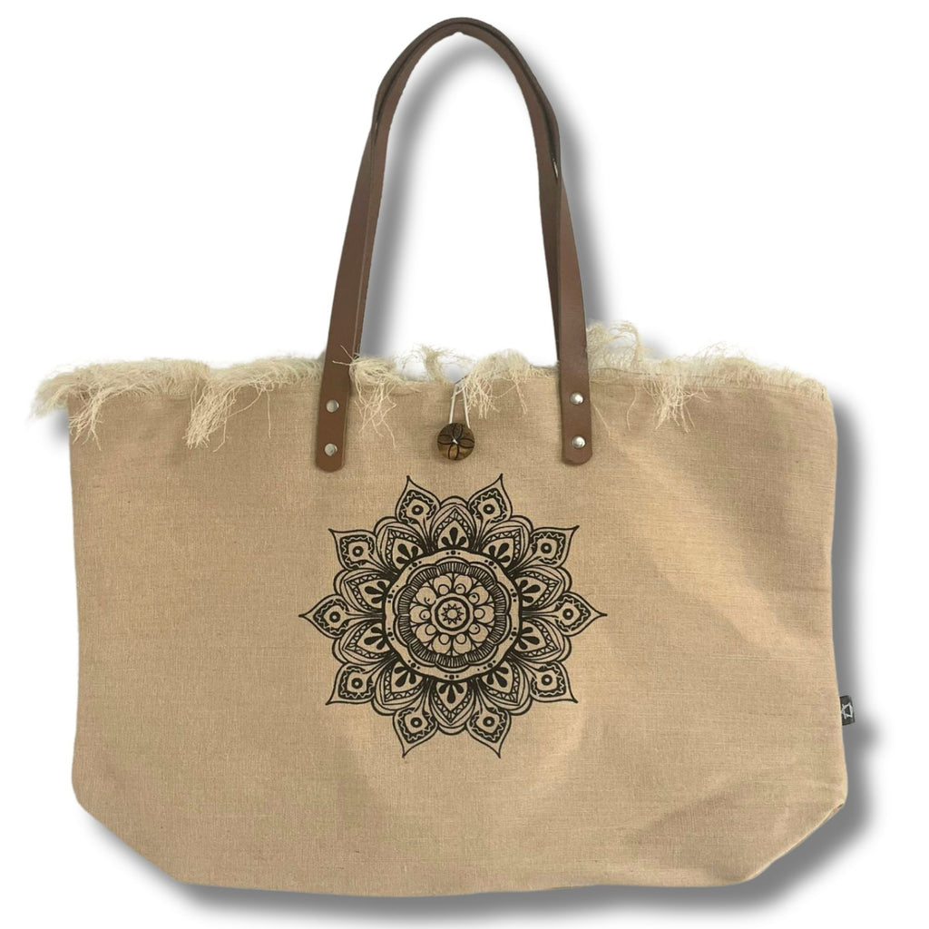 Bolso Natural de Yute con Asas de Piel y Flor de la Vida | Artesanal