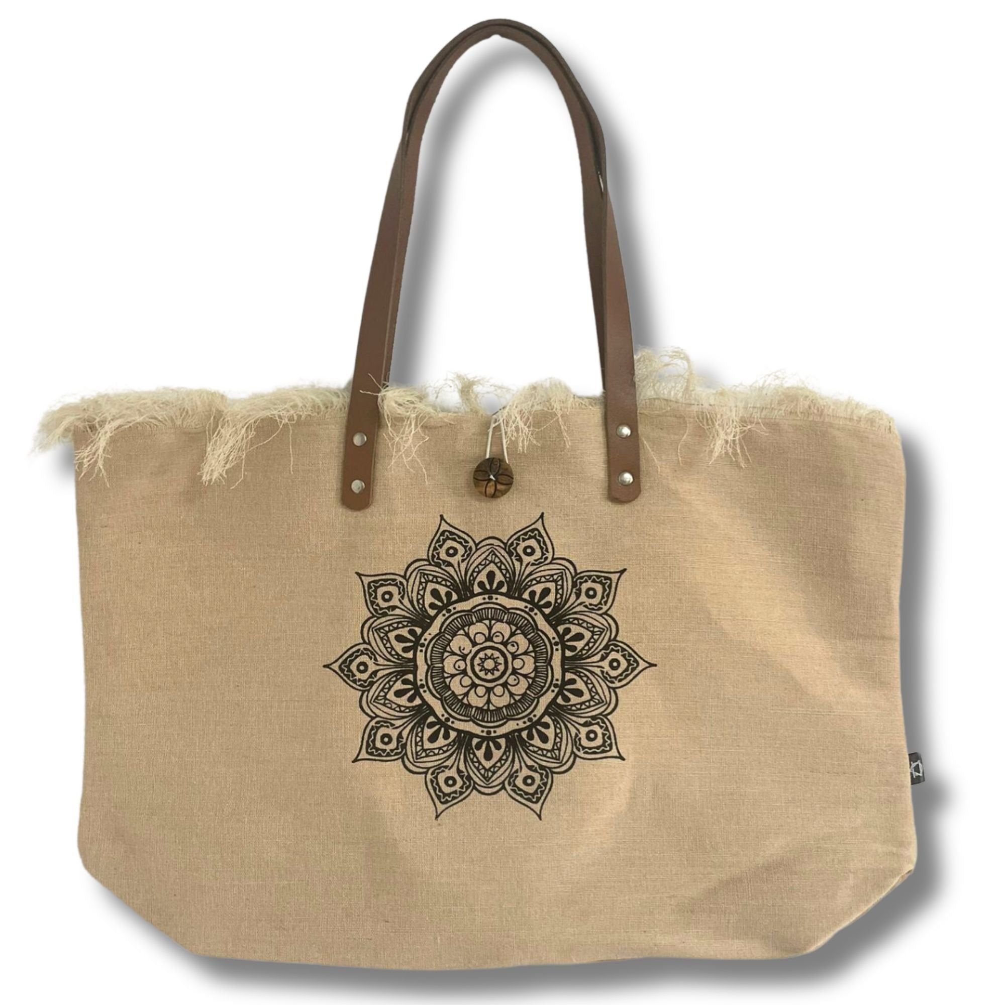 Bolso Natural de Yute con Asas de Piel y Flor de la Vida | Artesanal