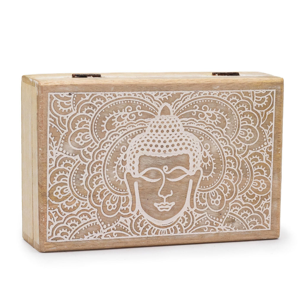 Caja de madera de mango Buda blanco grande para joyas y cristales
