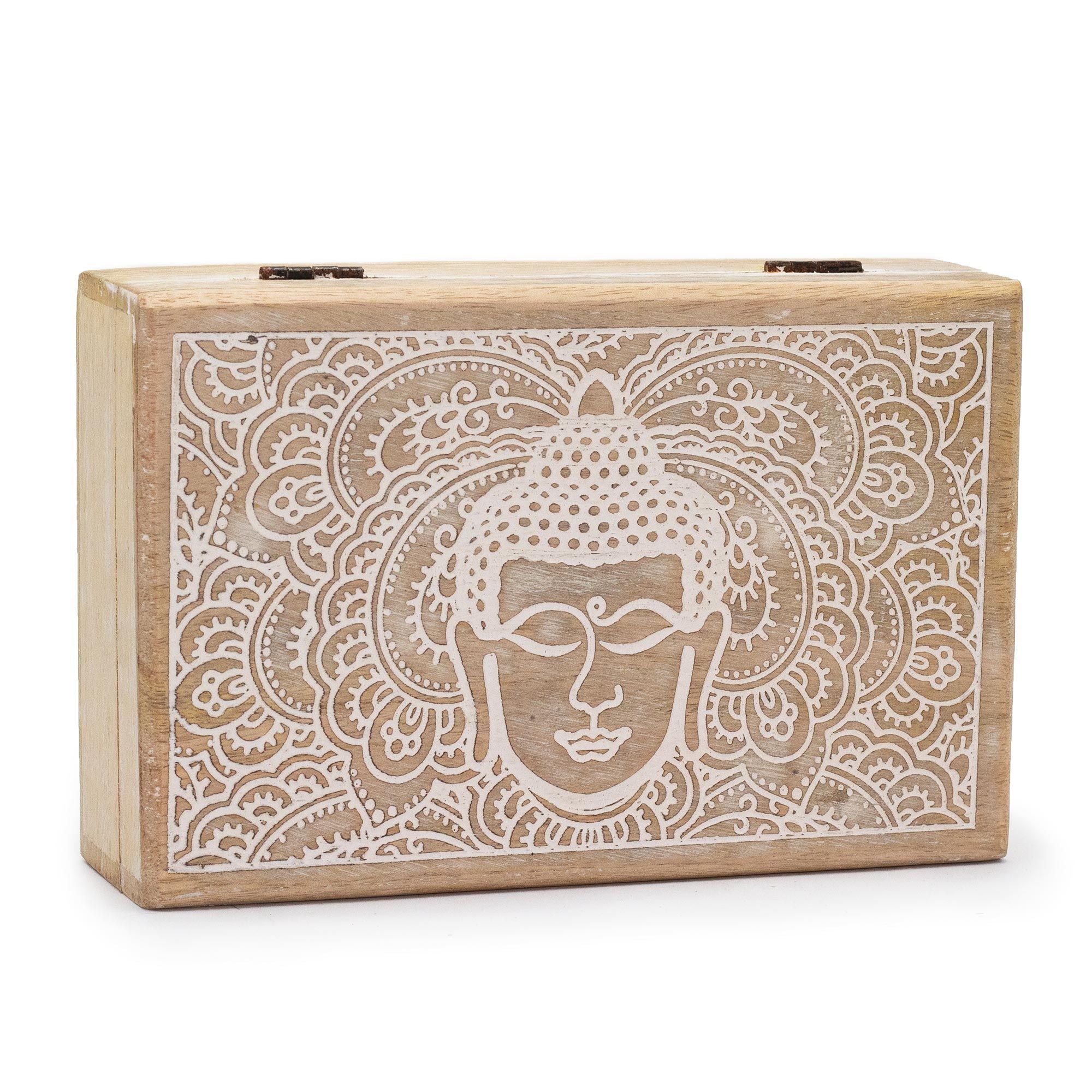 Caja de madera de mango Buda blanco grande para joyas y cristales