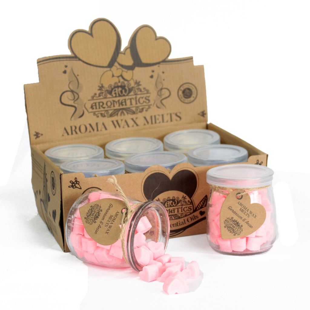 Tabletas de cera aromáticas en corazones de soja geranio y anís en frasco de vidrio