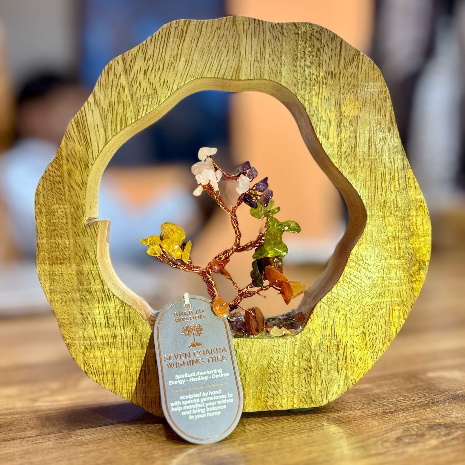 Jardín árbol de piedras preciosas siete chakras con base de madera de mango y 60 chips