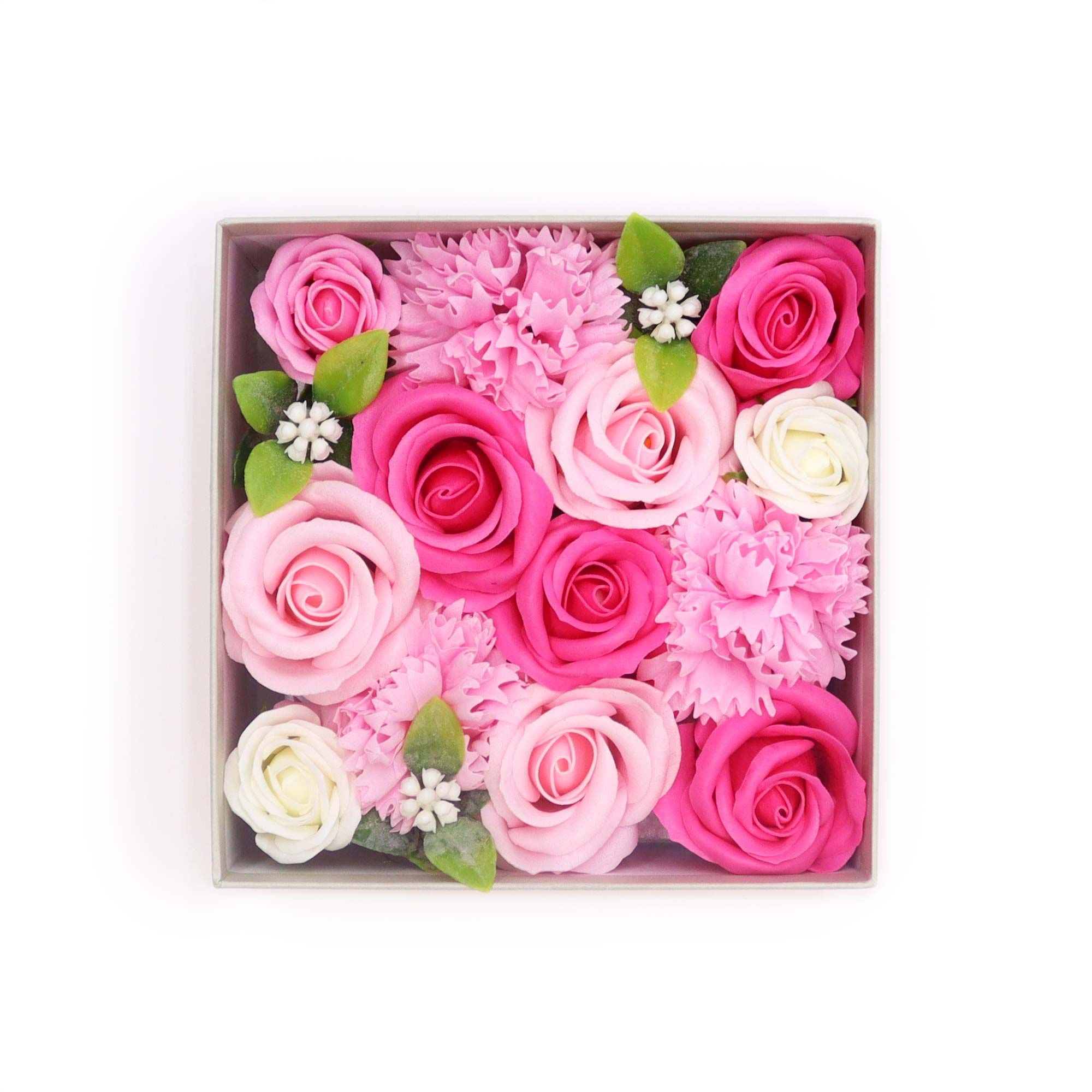 Caja regalo flores de jabón rosas rosa y blanco