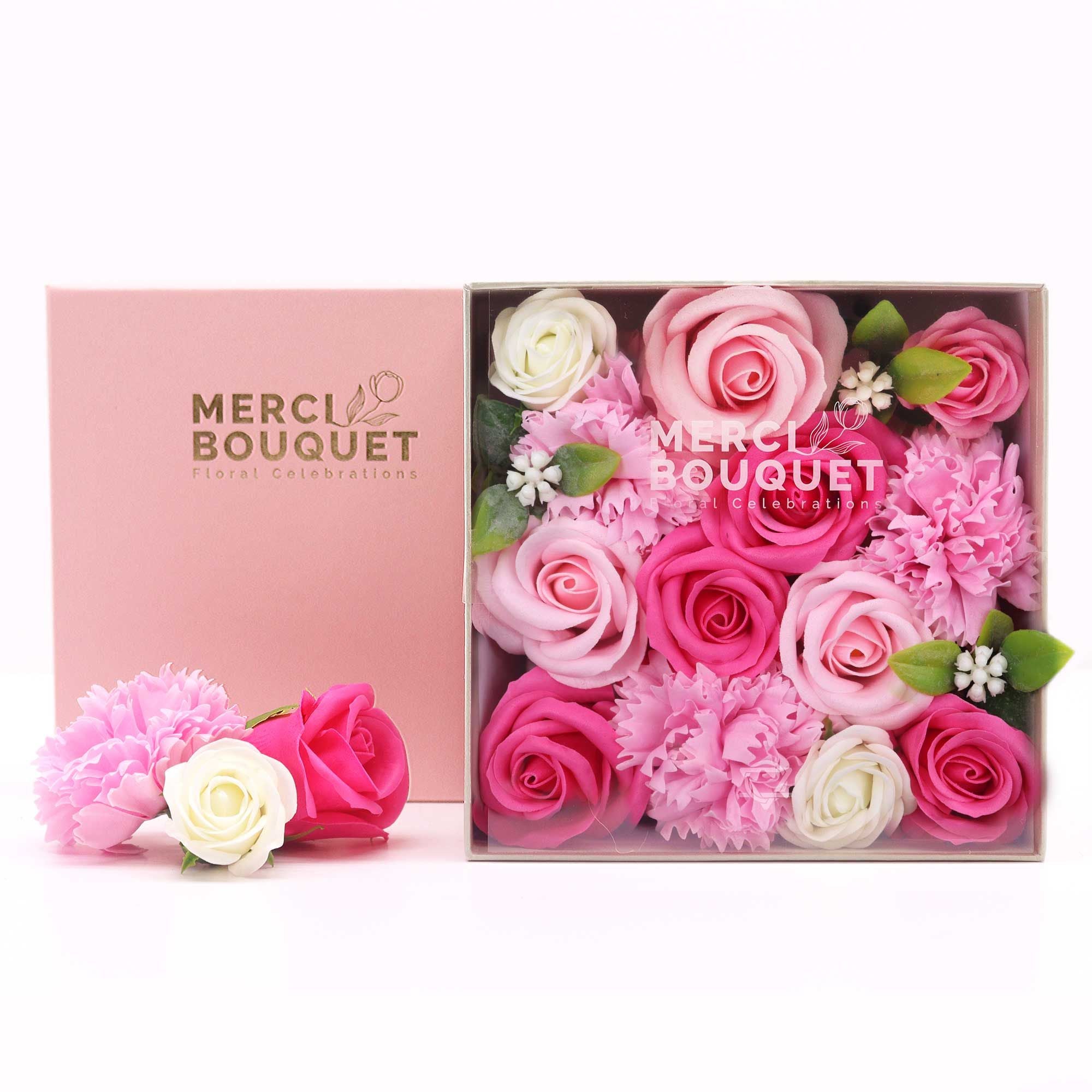 Caja regalo flores de jabón rosas rosa y blanco