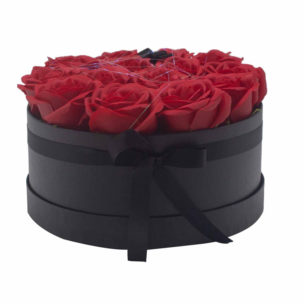 Caja redonda negra con 14 rosas de jabón rojas para baño romántico y regalo elegante