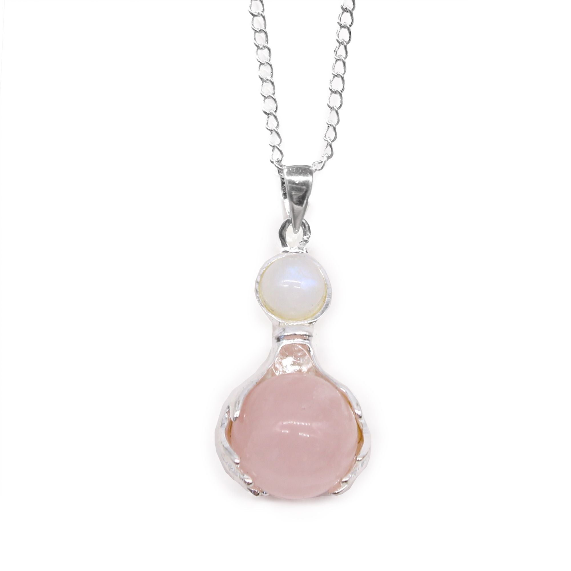 Colgante Artesanal de Cuarzo Rosa Natural con Cadena Plateada