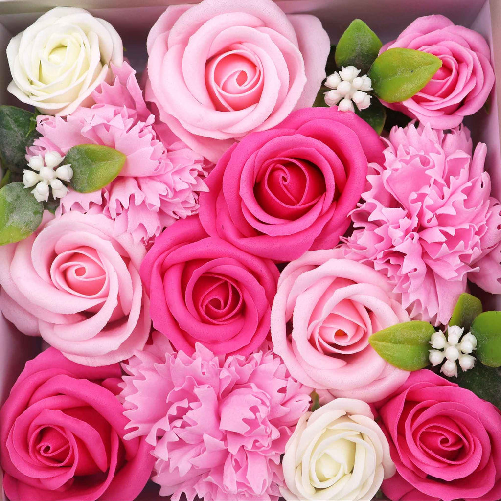 Caja regalo flores de jabón rosas rosa y blanco