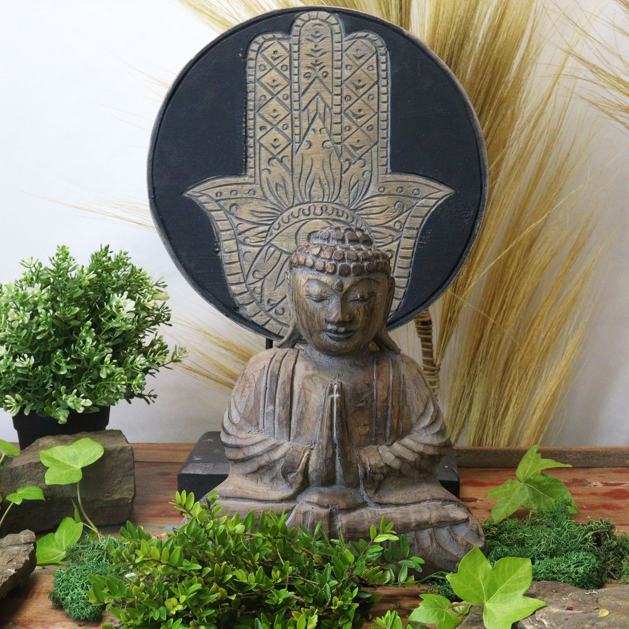 Set Feng Shui Buda y Hamsa gris de madera sostenible