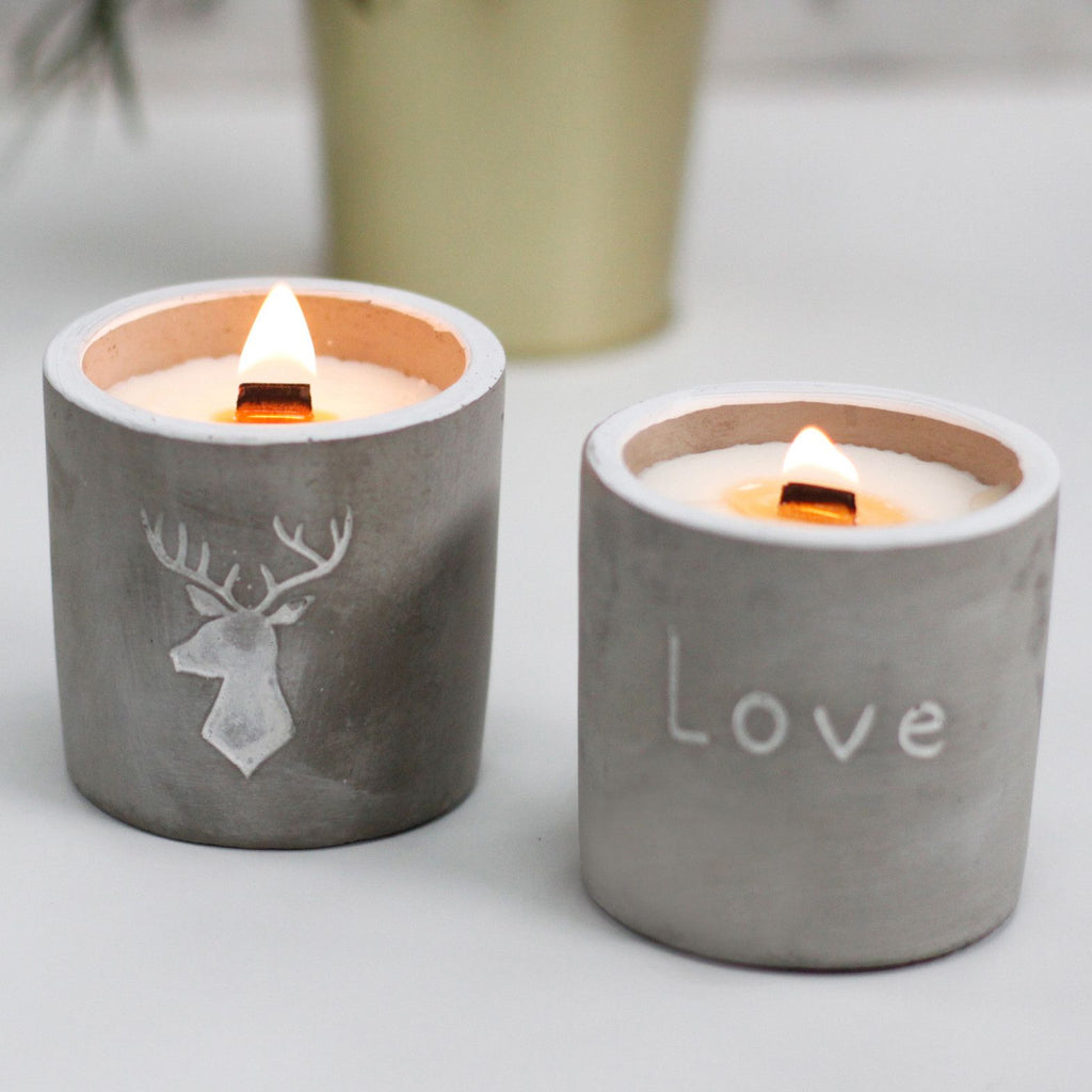 Vela Love de soja en maceta de hormigón con mecha de madera aroma higo morado y casis