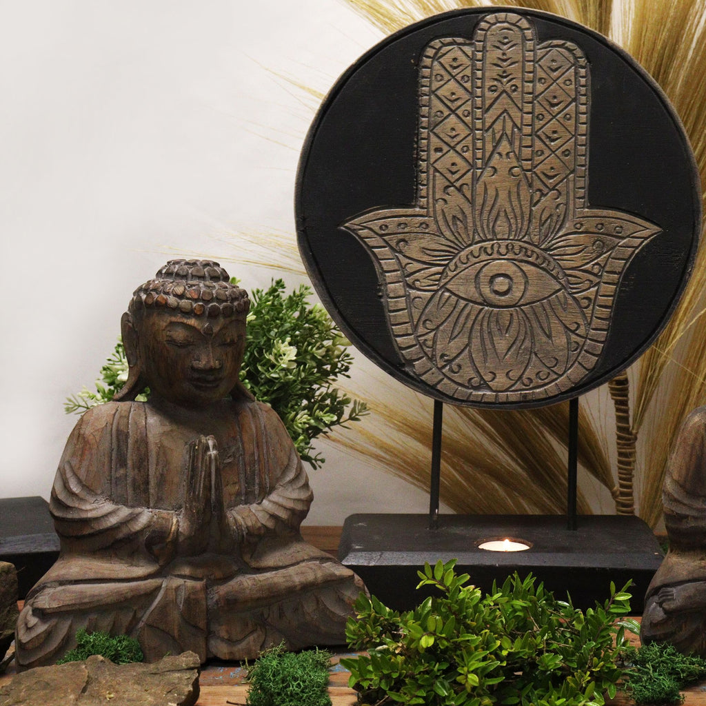 Set Feng Shui Buda y Hamsa gris de madera sostenible