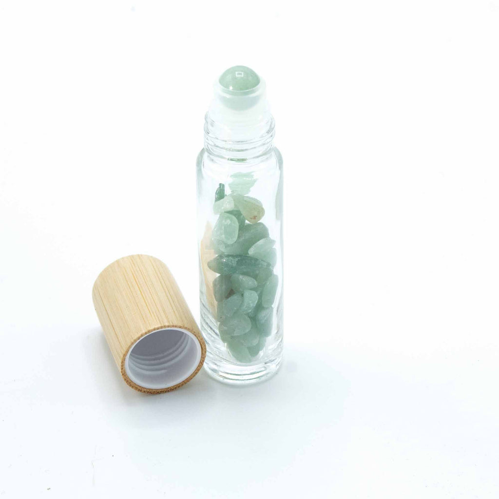 Botella roll on con piedras preciosas Aventurina tapa de madera 10 ml