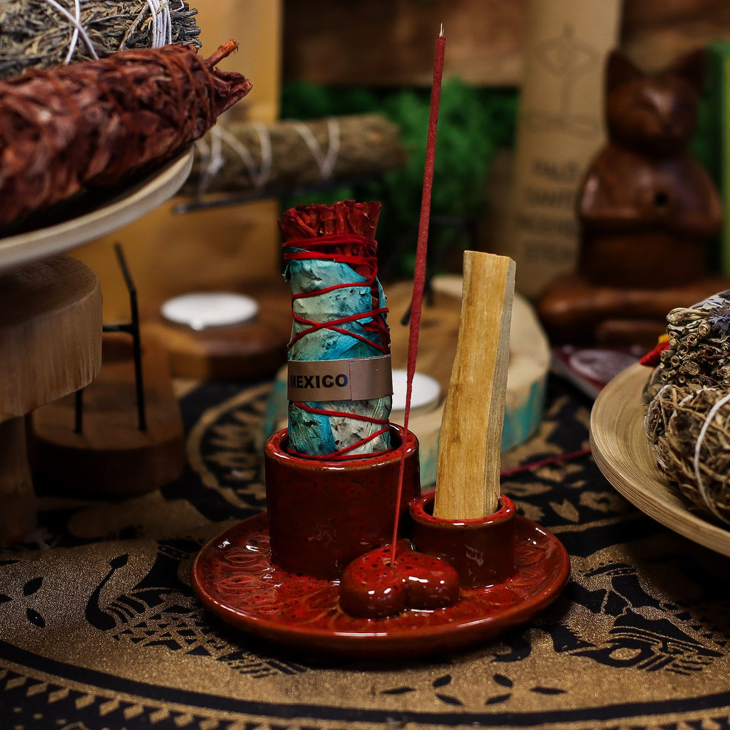 Soporte cerámico para Palo Santo e incienso Mandala rojo en forma de corazón