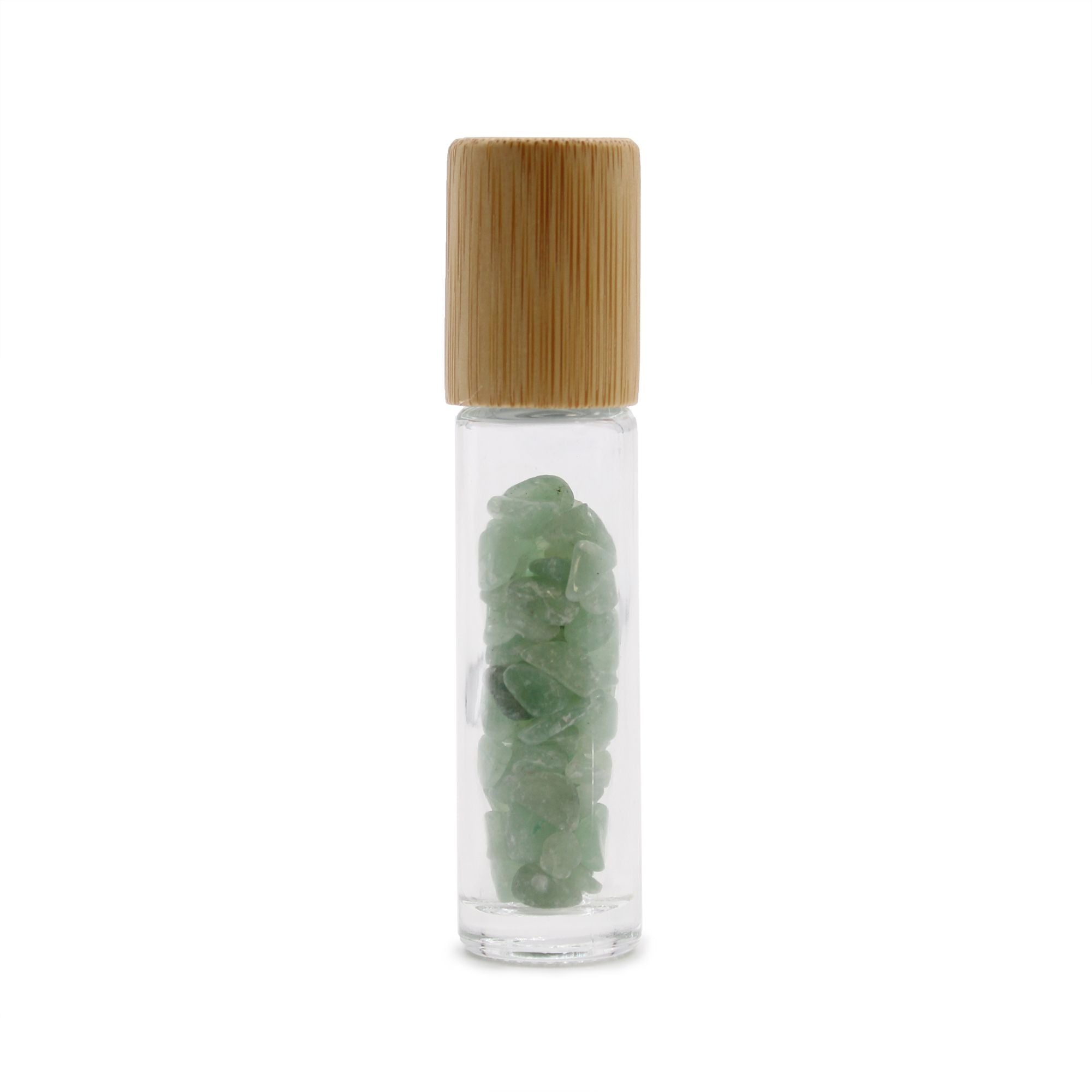 Botella roll on con piedras preciosas Aventurina tapa de madera 10 ml