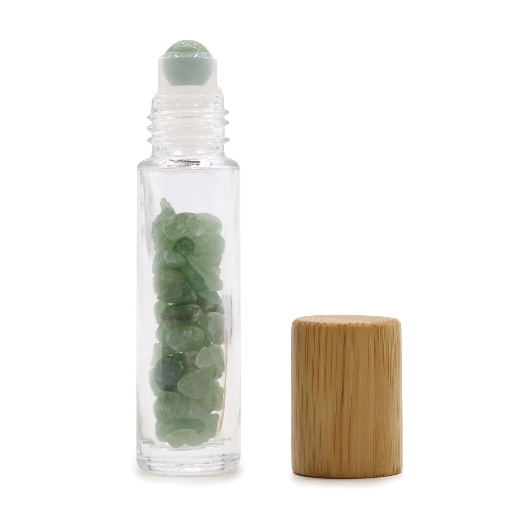 Botella roll on con piedras preciosas Aventurina tapa de madera 10 ml