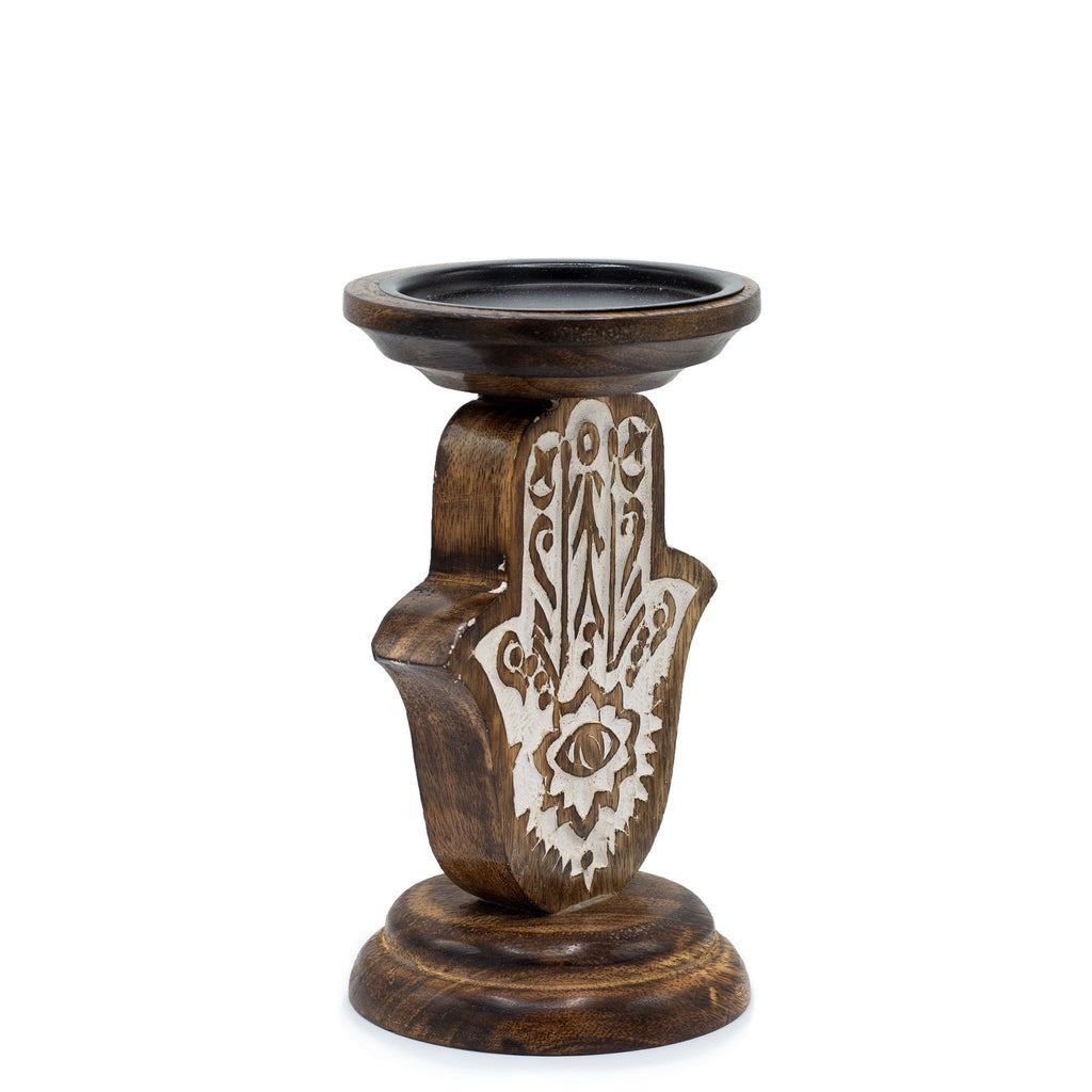 Candelabro Hamsa de madera de mango 18 cm para velas y altares de protección