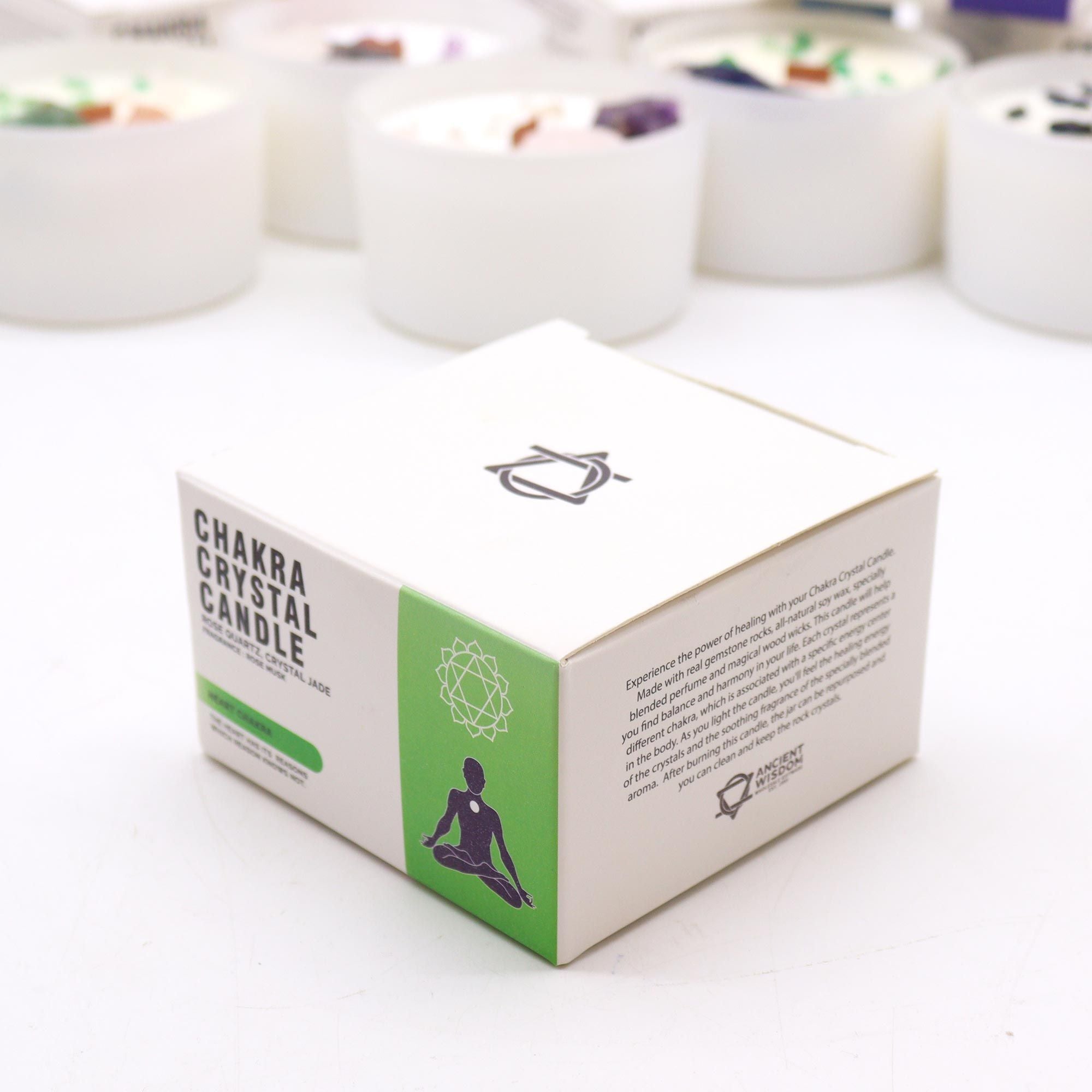 Vela de cristal chakra del corazón Anahata con cuarzo rosa y jade en cera de soja