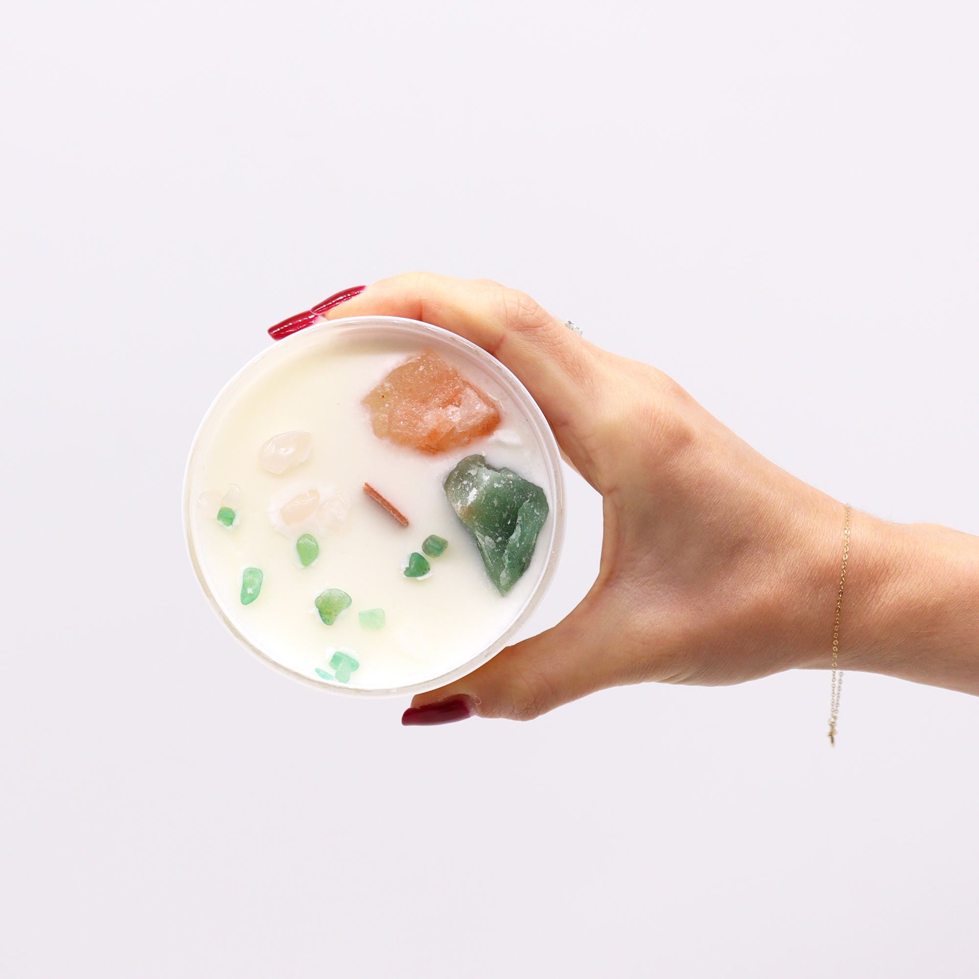 Vela de cristal chakra del corazón Anahata con cuarzo rosa y jade en cera de soja