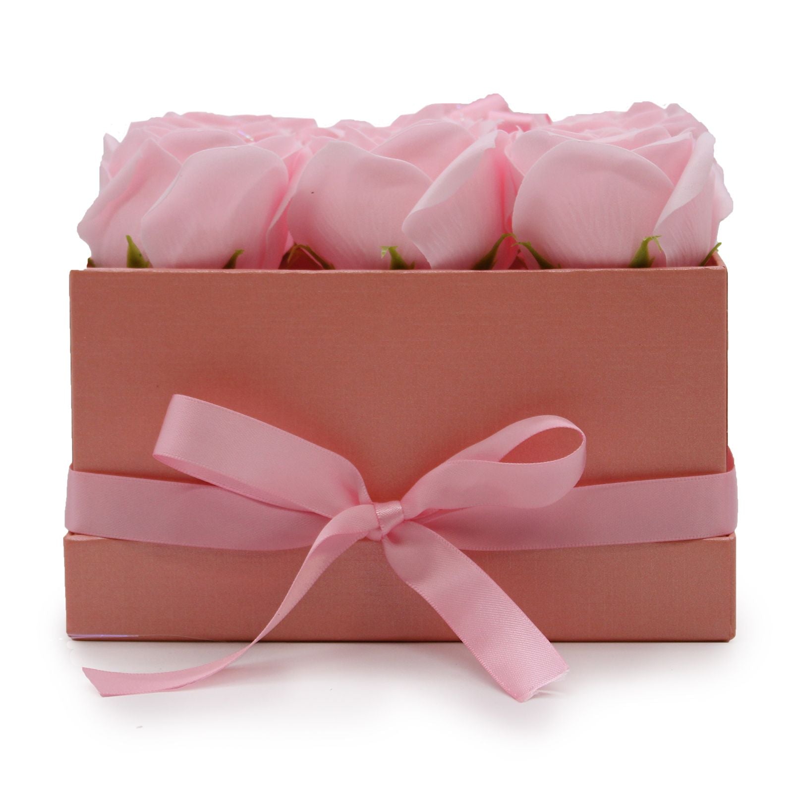Caja regalo con 9 rosas de jabón rosa en caja cuadrada para baño relajante y detalle especial